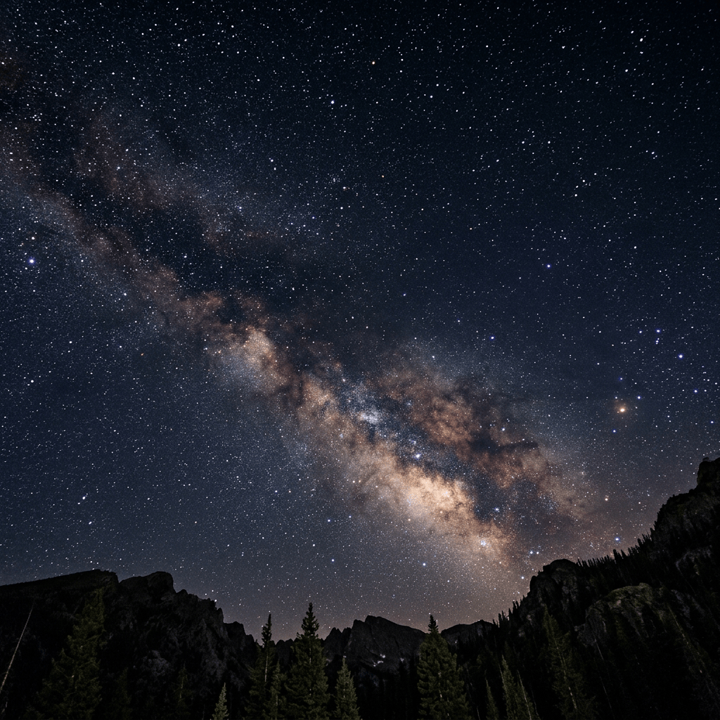 Milky Way galaxy stretching across the night sky above silhouetted mountains and pine trees